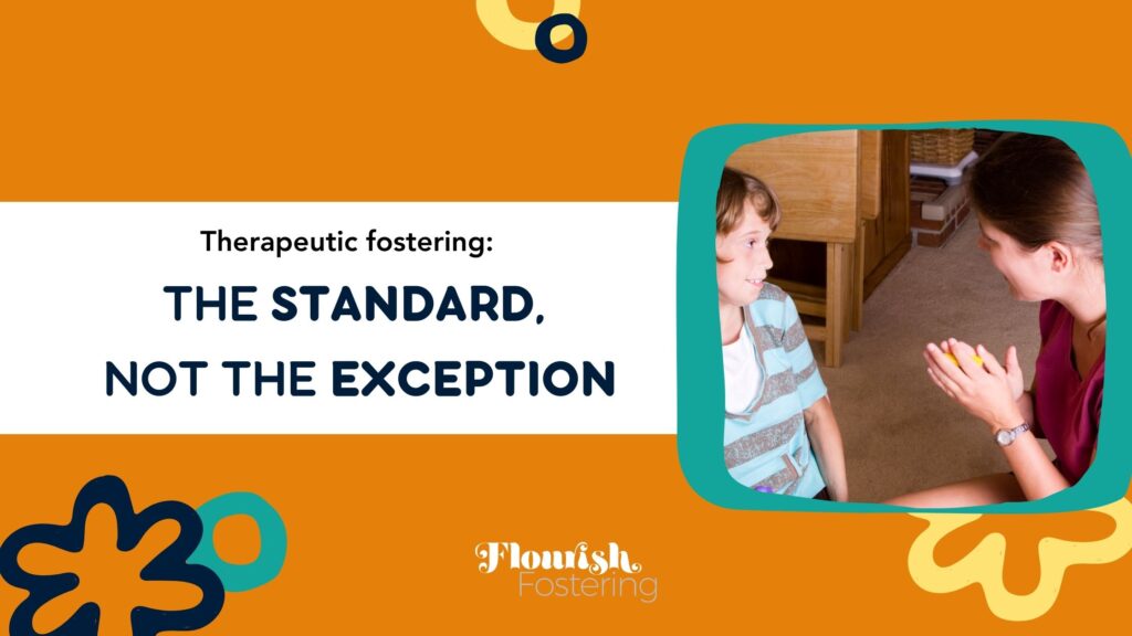 Foster parent comforting a child during trauma-informed therapeutic fostering session