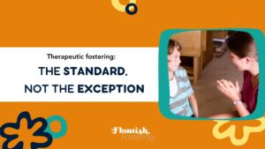 Foster parent comforting a child during trauma-informed therapeutic fostering session